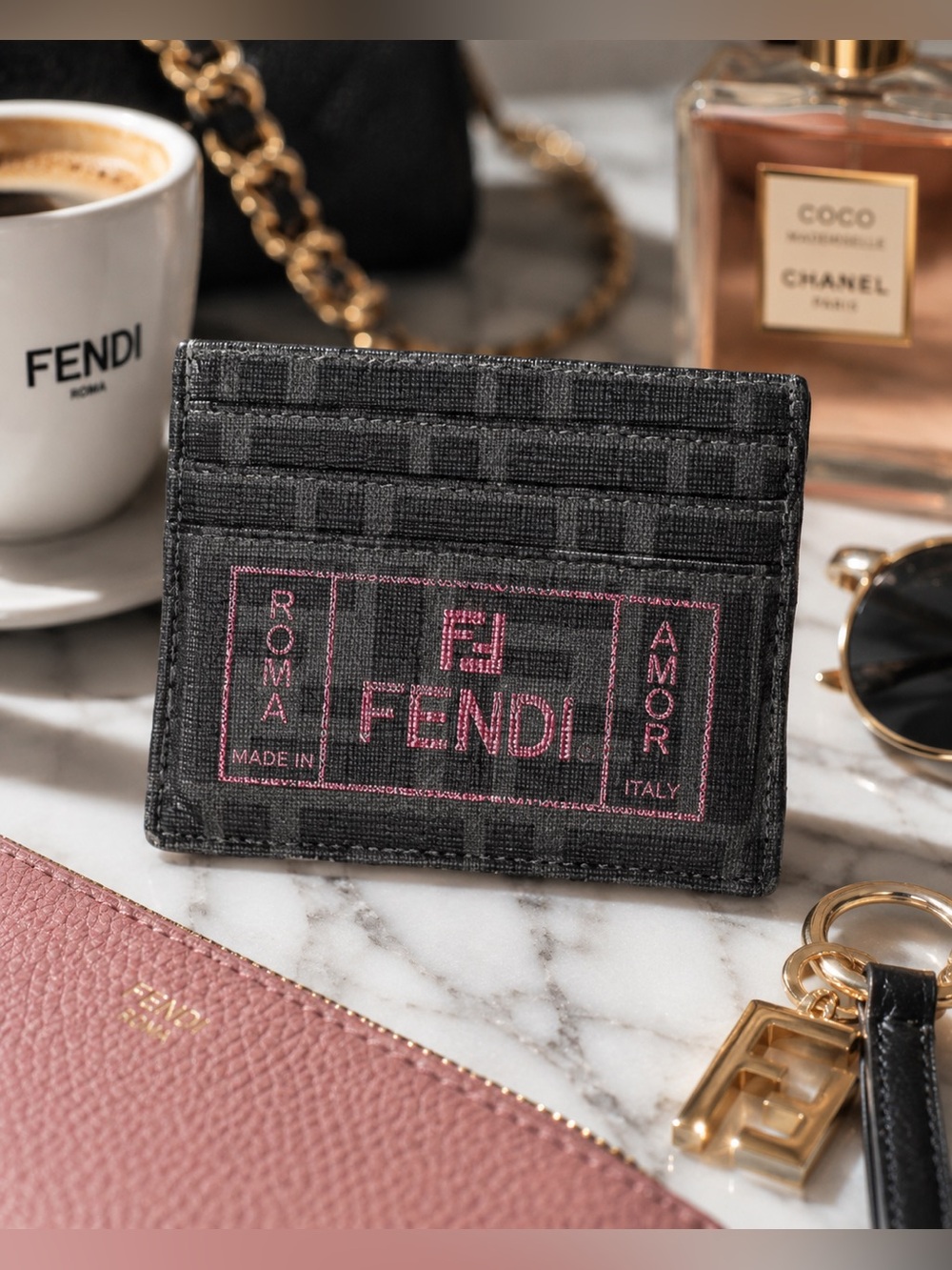 🎄FENDI Zucca FF logo -Gray and Pink - Canvas Card Holder EUC